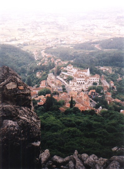 Looking down from the castle at the old town of Sintra, with the Palácio Real in the middle