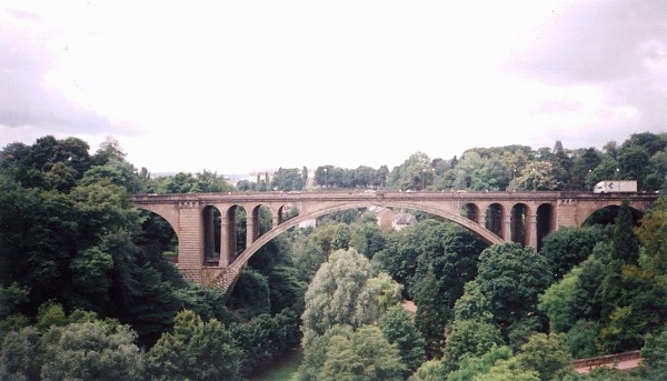 A road bridge spanning one of the gorges dividing Luxembourg City