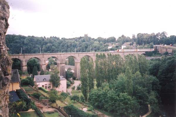 Another view from the Casemates of a train on a viaduct crossing the valley