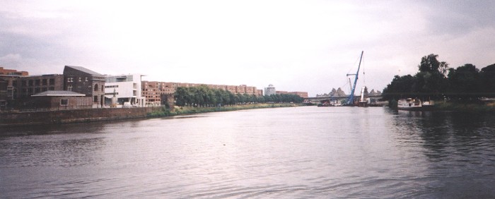 A view from the boat on the River Maas, looking towards the Bonnefantenmuseum and regional government buildings