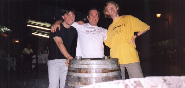 Asier, Luis and I enjoying a night out in San Sebastián, stood around a barrel with our cider and tapas